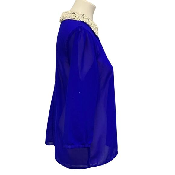 DizzyLizzy Womens Large Sheer Lightweight Pearl Beaded Collar Blouson Sleeve Top - Picture 3 of 6